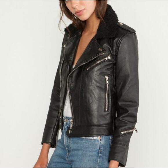 Deadwood Avery Recycled Leather Black Motorcycle Biker Jacket Fur Collar 38 XS/S - Picture 2 of 16